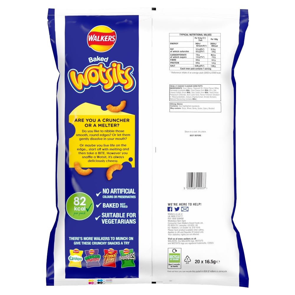 Walkers Wotsits Really Cheesy Multipack Snacks Crisps 20x16.5g