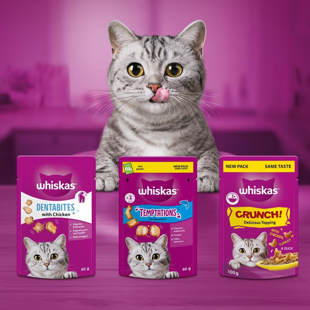 WHISKAS Crunch 100g (Pack of 6) - Tasty Topping Adult Cat Treat Biscuits