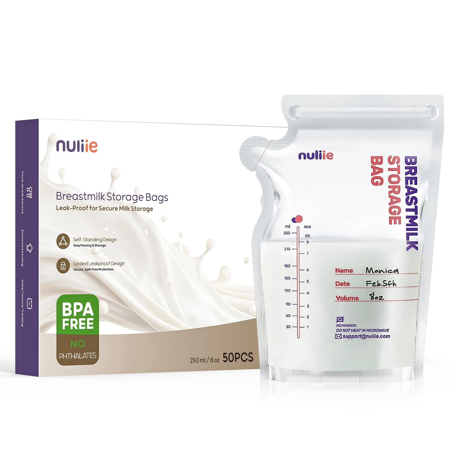 Nuliie 120 Pcs Breast Milk Storage Bags, 250ml BPA Free Milk Storage Bags with Pour Spout for Breastfeeding, Self-Standing or Flat Pre-sterilised Bag, Space Saving for Fridge or Freezer Use