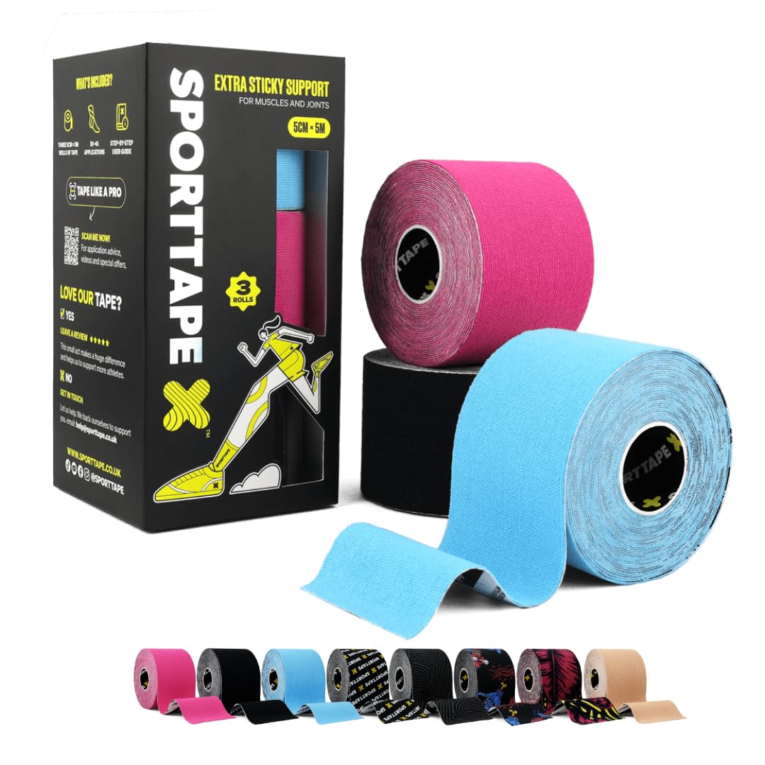 SPORTTAPE Kinesiology Tape, 5cm x 5m, Black - Waterproof, Hypoallergenic