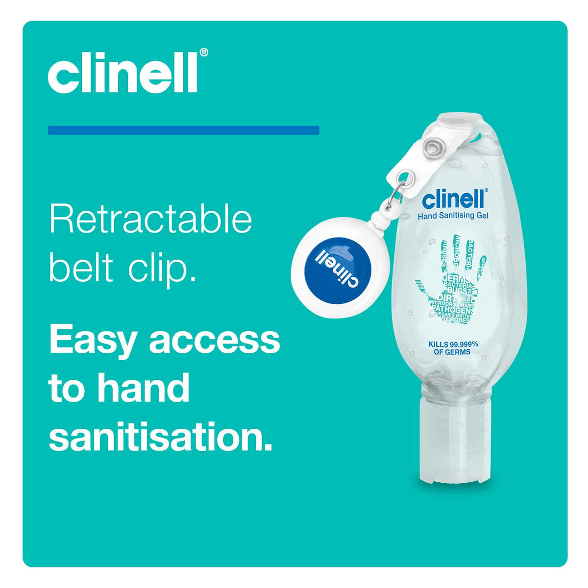 Clinell Hand Sanitiser Gel with Retractable Clip - 50 ml - Dermatologically Tested, Kills 99.99% of Germs, Moisturising, Quick Action, Kind to Skin, No Stickiness