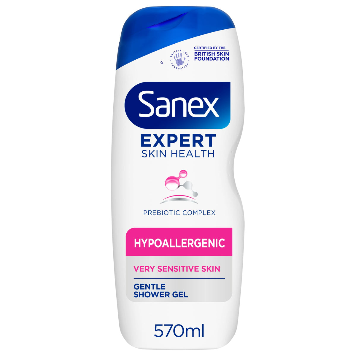 Sanex Expert Skin Health Moisturising Shower gel 570ml - body wash for men & women - gently cleanses - hydrates & softens skin - 12h hydration - advanced prebiotic complex formula - vegan