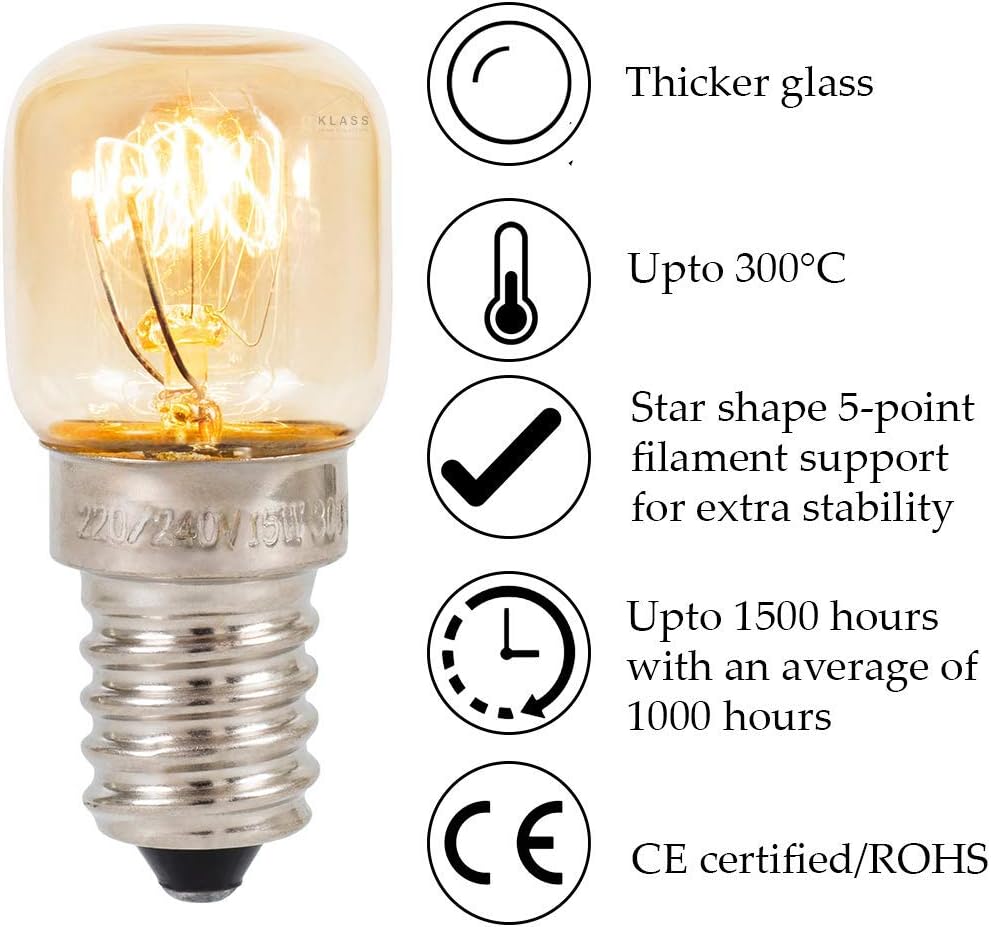 Klass Home (3 Pack) Salt Lamp Bulb | Oven | Fridge | Small Screw E14 15W <300°C Dimmable Incandescent Bulbs Pygmy for Oven Light | Himalayan Salt Lamp Light | Lava Lamp