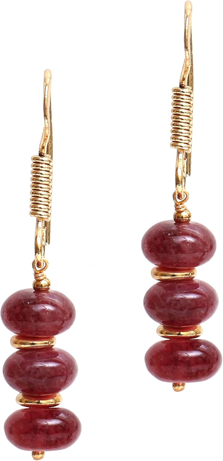 Gempires Natural Gemstone Rondelle Bead Earrings for Women | 8mm Beaded Drop Dangle Earrings | Gold Plated Hypoallergenic Hook Jewelry | Handmade Lightweight Crystal Earrings