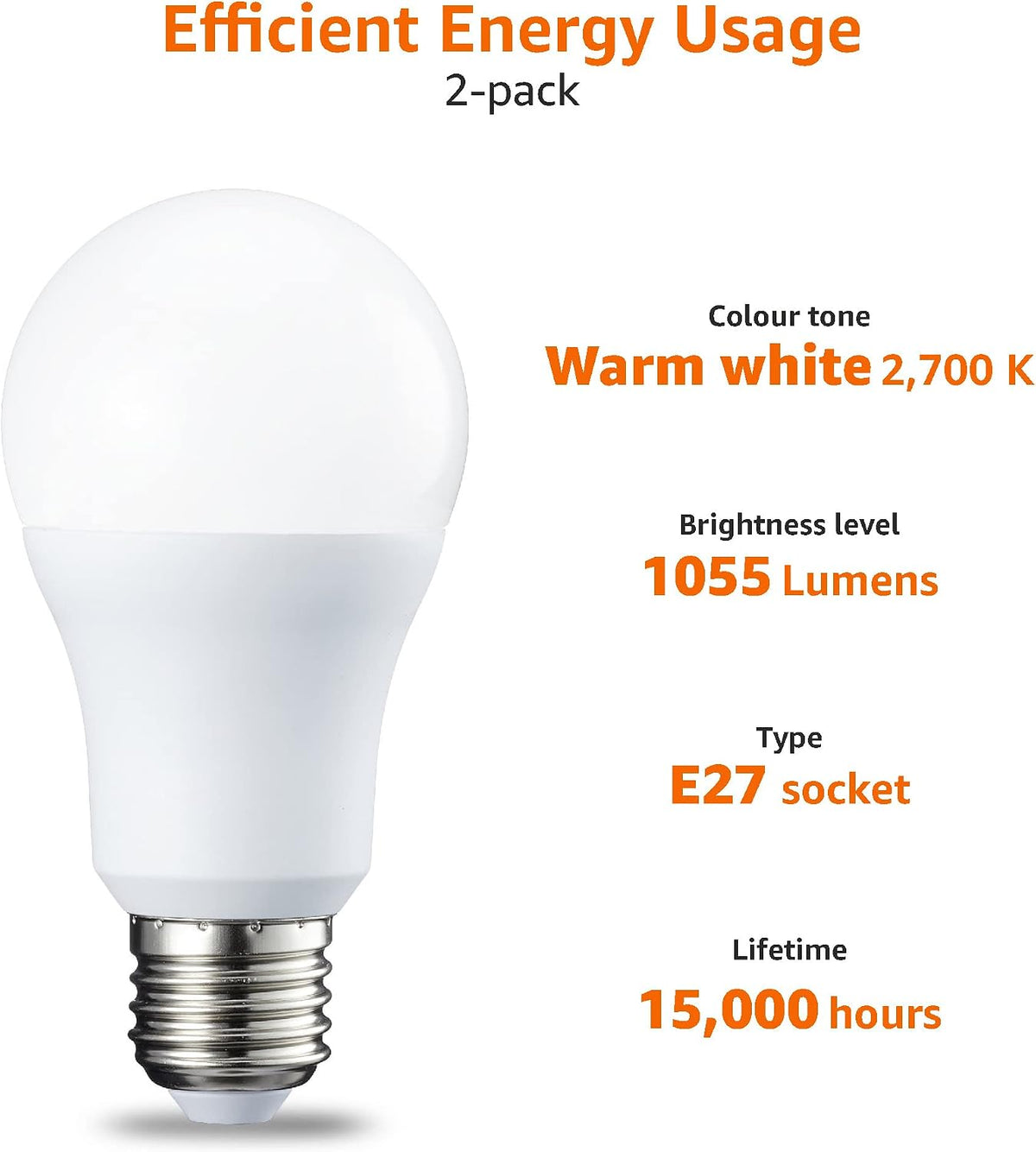 Amazon Basics LED E27 Screw Bulb,10W (Equivalent to 75W), Warm White, Non Dimmable - (Pack of 2)