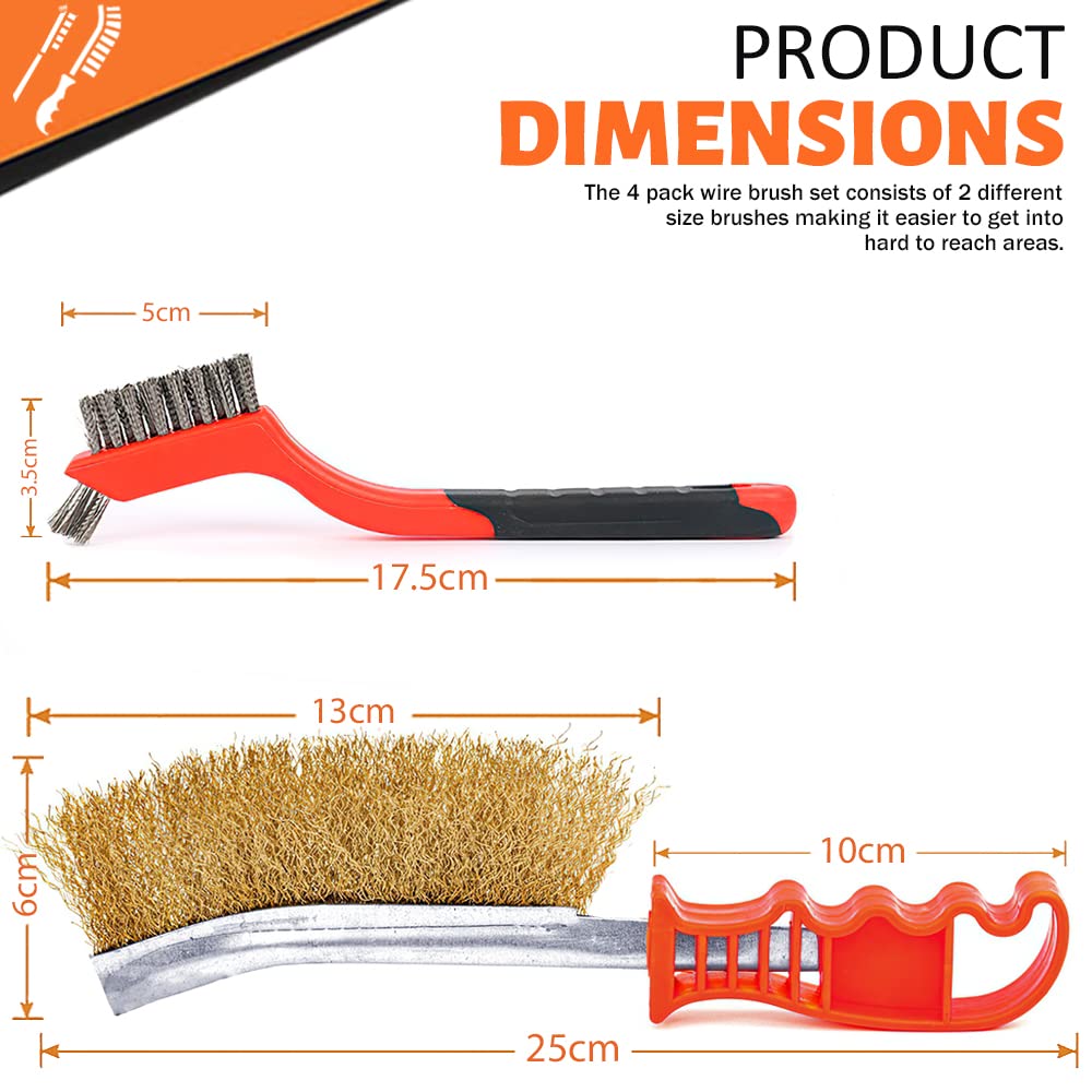 Hand Wire Brush Set 4 Pcs with Stainless Steel Brush and Brass Brush,Wire Brush for Cleaning Rust, Paint and Welding Slag (2 Big,2 Small)