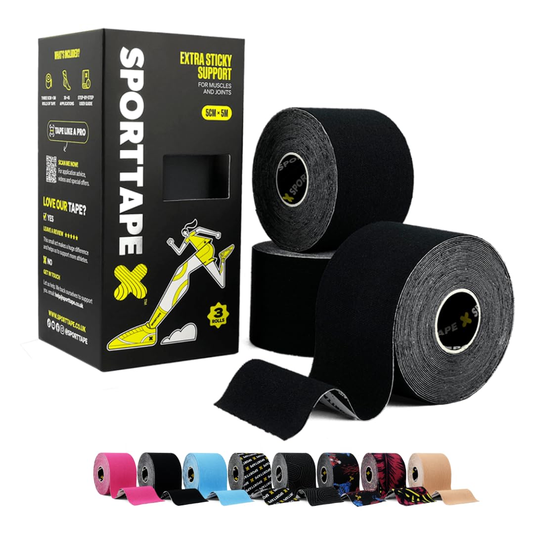 SPORTTAPE Kinesiology Tape, 5cm x 5m, Black - Waterproof, Hypoallergenic