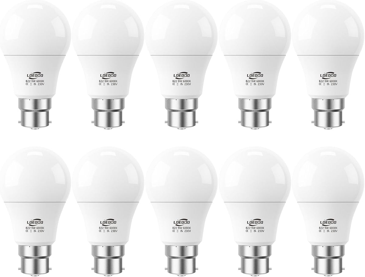 B22 Bayonet Light Bulb 9W=60W, 6000K Cool White, 806LM, Pack of 6