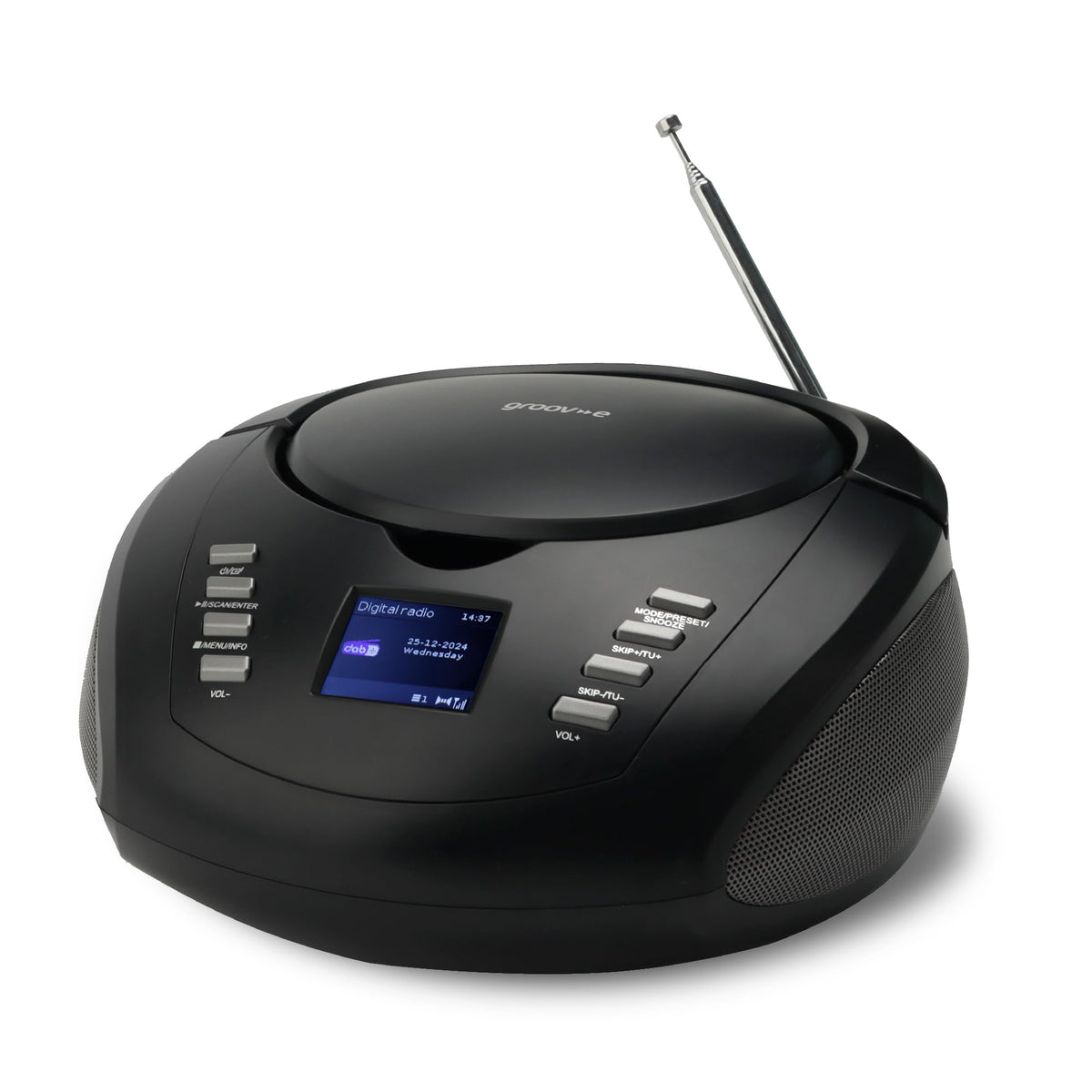 Groov-e Original Boombox - Portable CD Player with Bluetooth, Radio, 3.5mm Aux Port, & Headphone Socket - LED Display, 2 x 1.2W Speakers - Battery or Mains Powered - Black