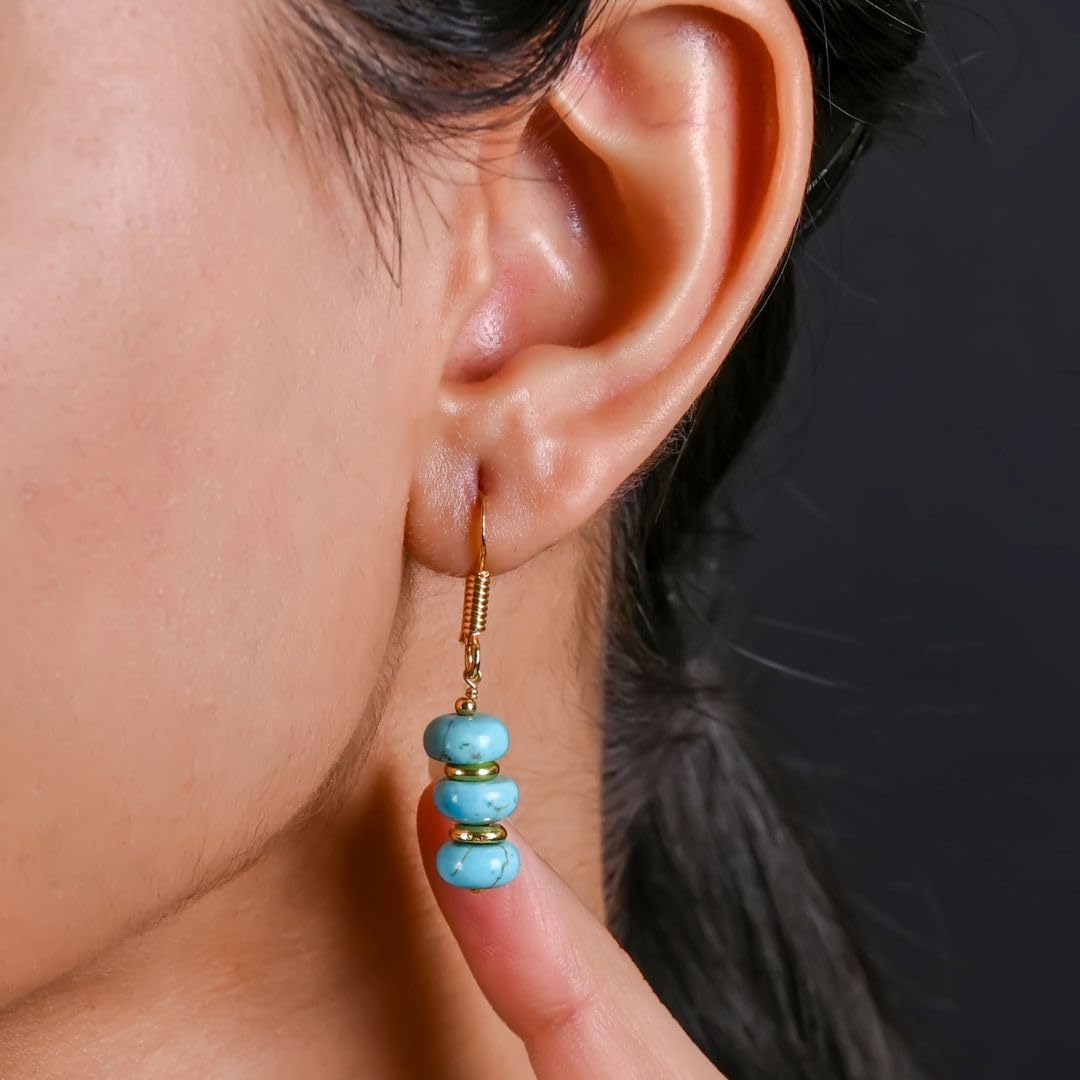 Gempires Natural Gemstone Rondelle Bead Earrings for Women | 8mm Beaded Drop Dangle Earrings | Gold Plated Hypoallergenic Hook Jewelry | Handmade Lightweight Crystal Earrings