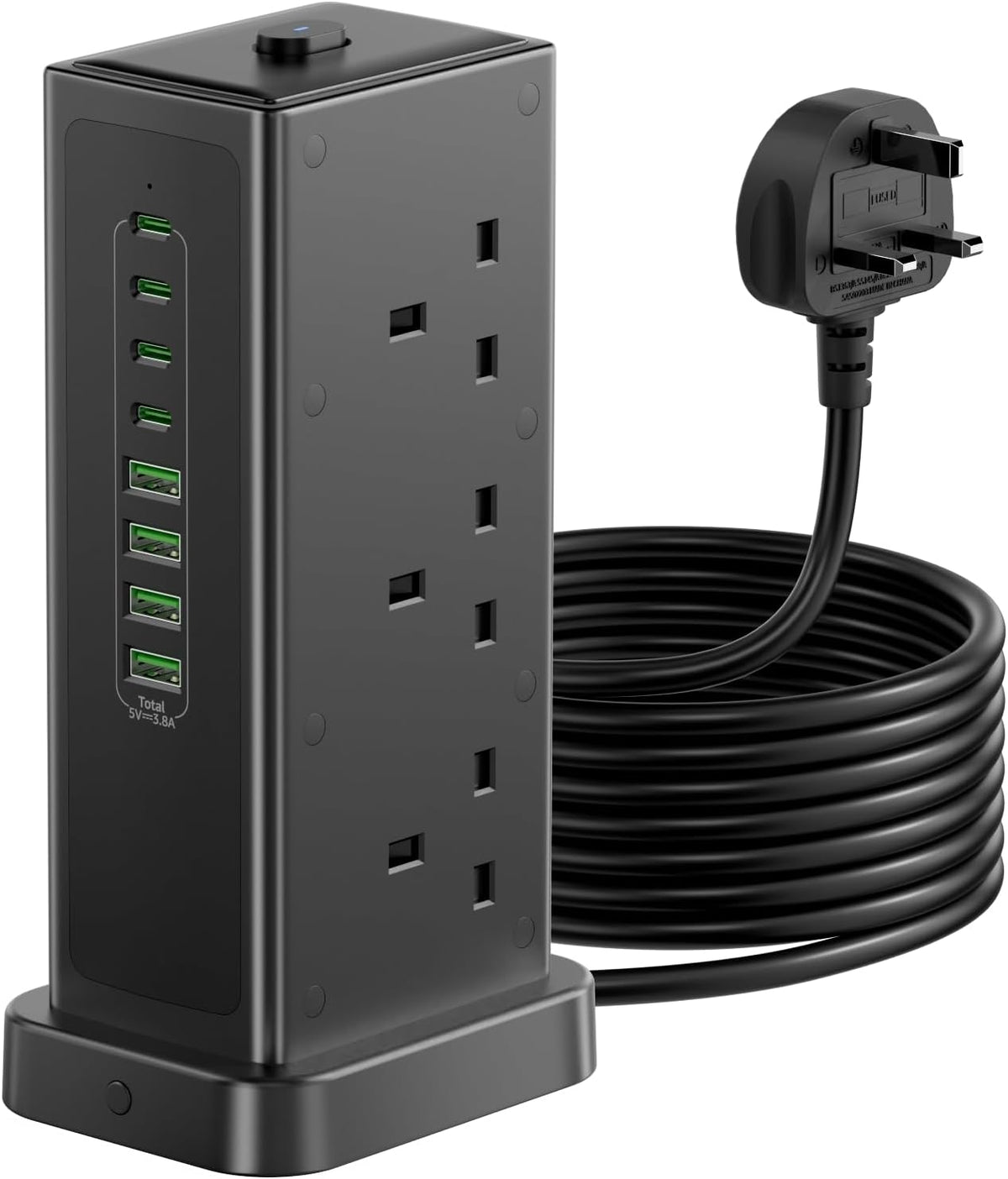 Tower Extension lead with USB Slots,6 Way Plug Extension Socket 3 Metres