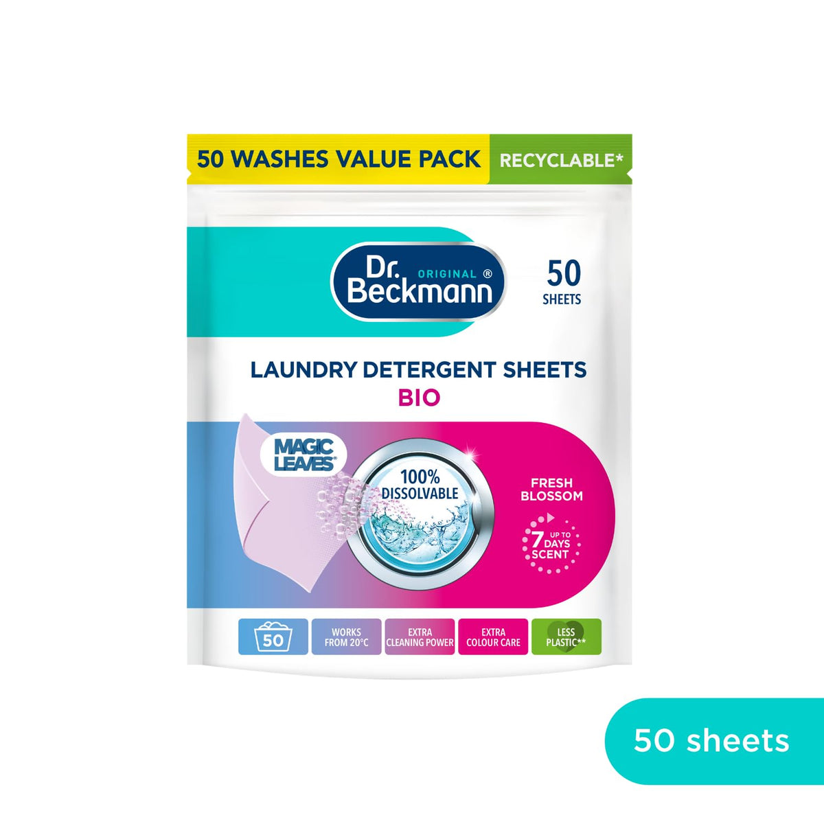 Dr. Beckmann MAGIC LEAVES Laundry Detergent Sheets BIO | Convenient and pre-dosed laundry detergent sheets | Dissolvable climate neutral and easy to use | 25 sheets