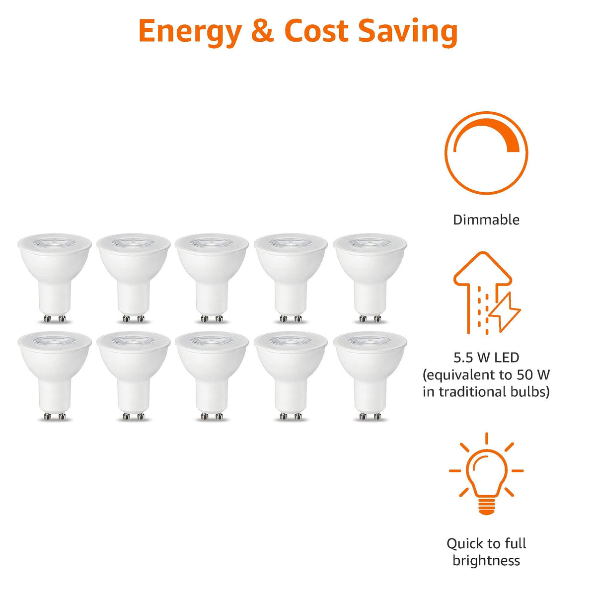 Amazon Basics LED GU10 Spotlight Bulb, 4.7W (equivalent to 50W), Warm White, Non Dimmable - Pack of 10