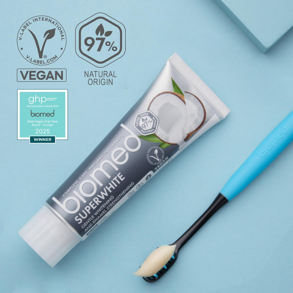 Biomed Superwhite 97% Natural Whitening Toothpaste | Enamel Strengthening | Coconut Flavour, Vegan, SLES Free 100g