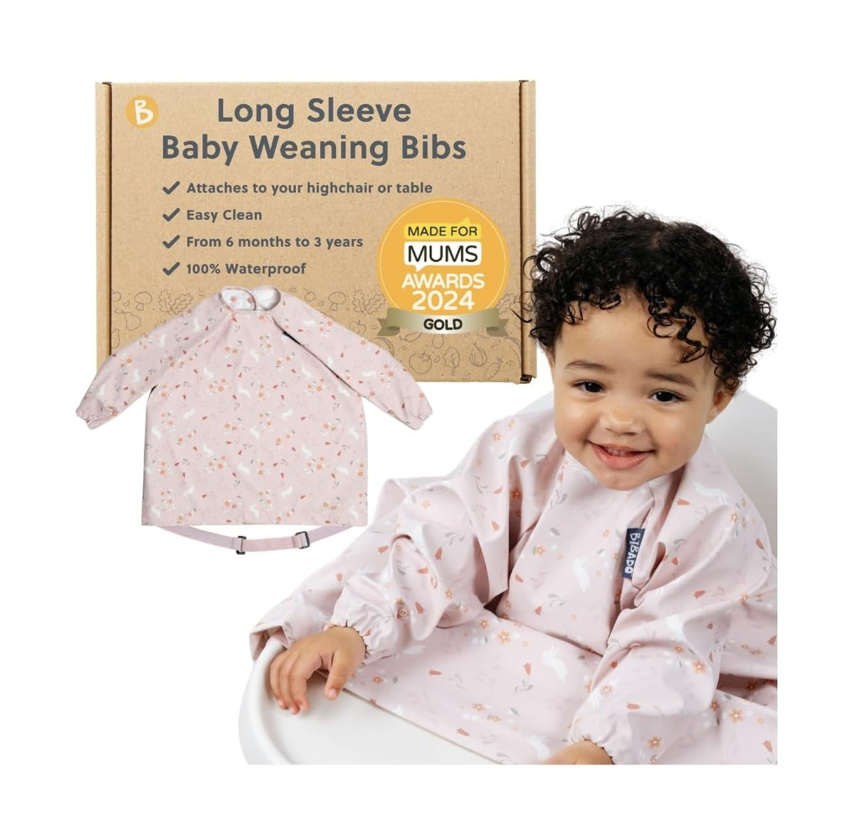 BIBaDO Long Sleeve Baby Bibs - Coverall Weaning Bib with Highchair Strap
