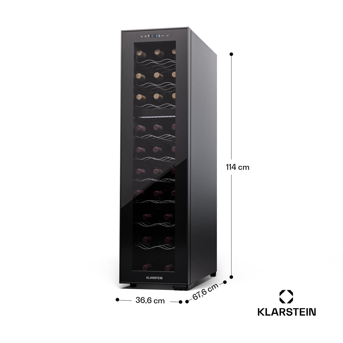 KLARSTEIN Shiraz Wine Cooler Black – 8 Bottles, 1 Zone | Freestanding Wine Fridge with Glass Door, Quiet, 5–18 °C, LED, Stainless Steel Frame
