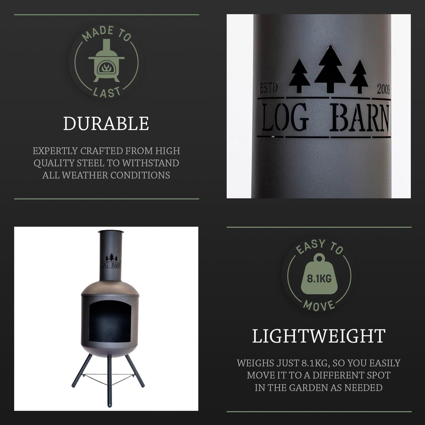 Log Barn Fire Chiminea for Garden (43 x 43 x 118 cm). Black Steel Log Burner Outdoor with Poker. Durable, Easy to Assemble, Lightweight Wood Burner Outdoor - Genuine Log Barn Garden Chiminea