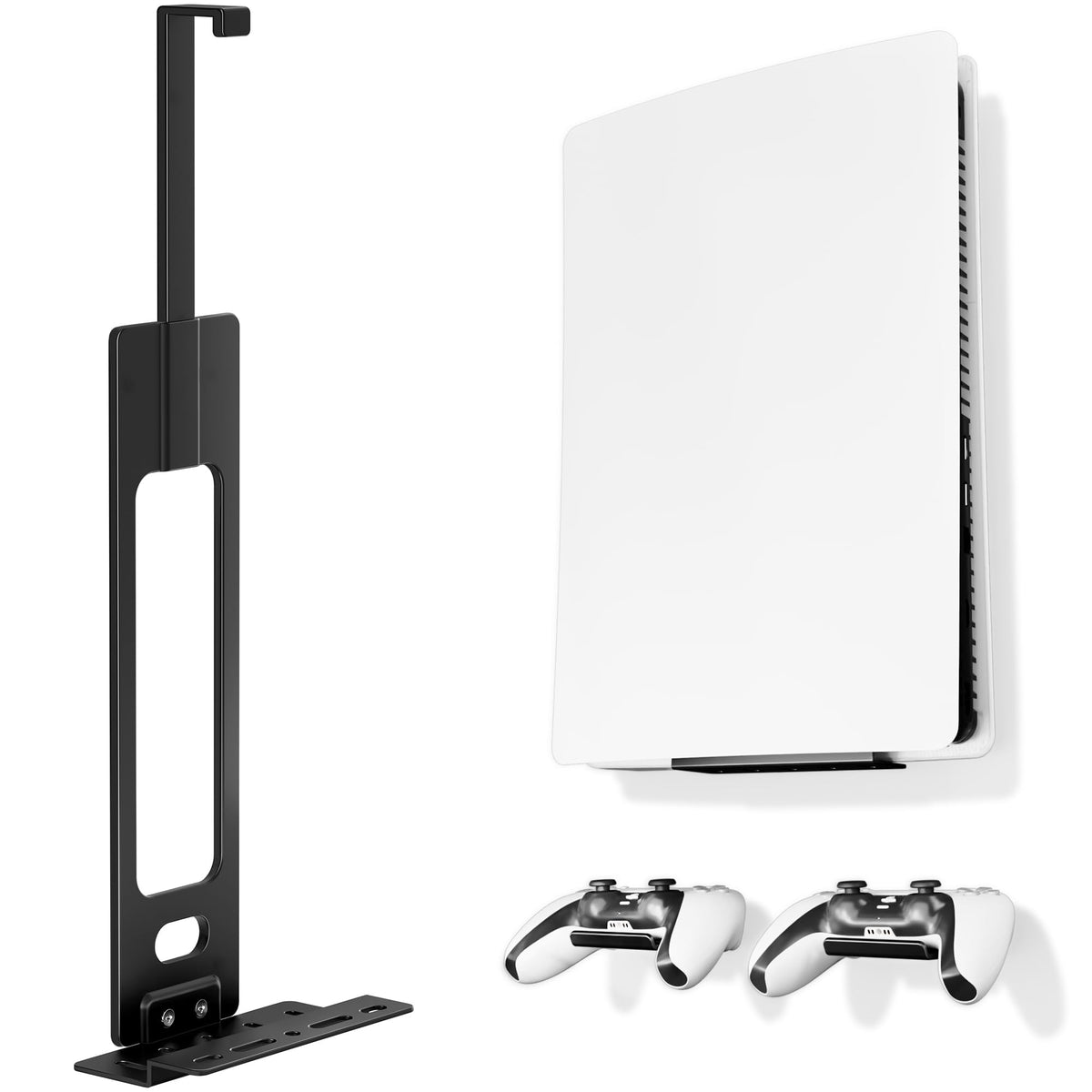 pickpiff PS5 Wall Mount Bracket, Compatible with All PlayStation 5 Models (Disc, Digital, Slim & Pro), Adjustable Console Holder with 2 Controller Holders, White