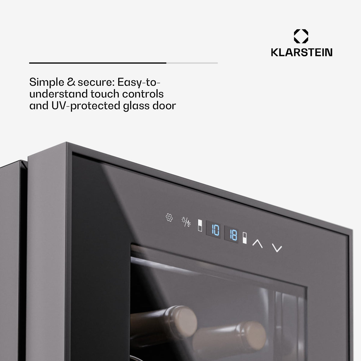 KLARSTEIN Shiraz Wine Cooler Black – 8 Bottles, 1 Zone | Freestanding Wine Fridge with Glass Door, Quiet, 5–18 °C, LED, Stainless Steel Frame