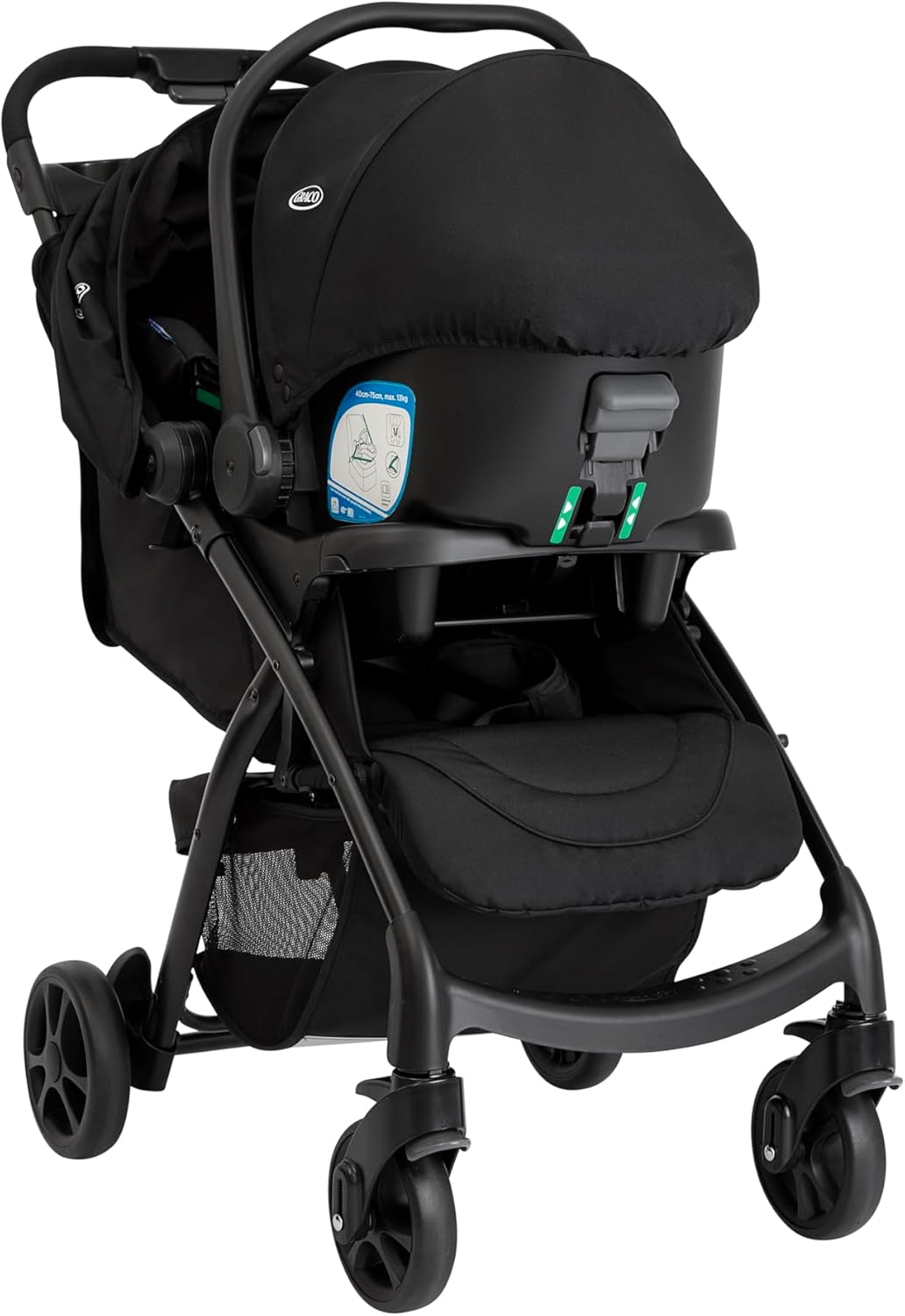 Graco Tavira Travel System - Suitable from Birth to Approx. 4 Years (0-22kg). One-Hand Folding, Compact Pushchair, Includes i-Size car seat, Midnight Fashion