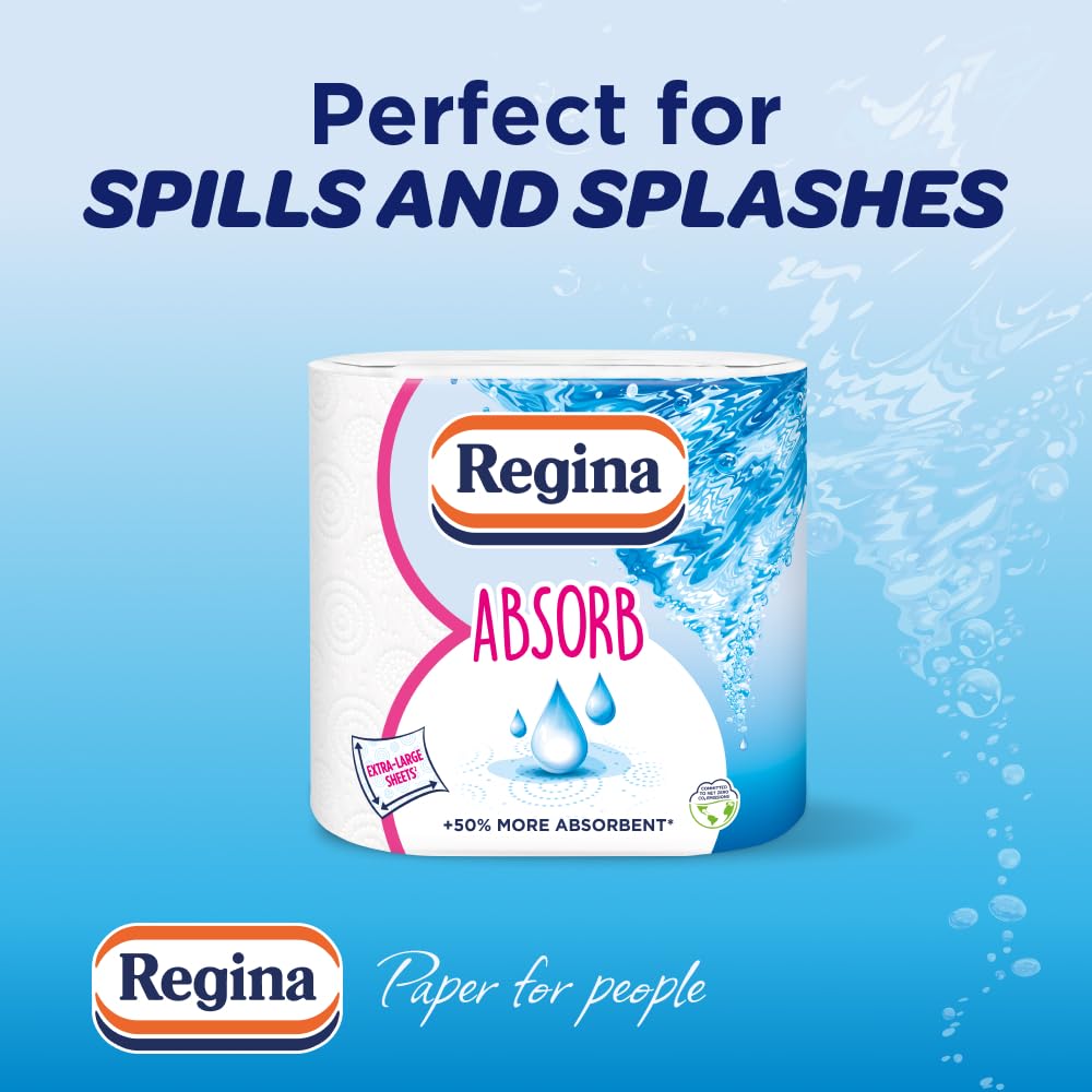 Regina Absorb Plus Kitchen Towels – 8 Super Absorbent 2-ply Kitchen Rolls, 85 Sheets Per Roll, Extra-Large Sheets, 50 Percent More Absorbent Than Previous XXL Products, Easy Open Pack