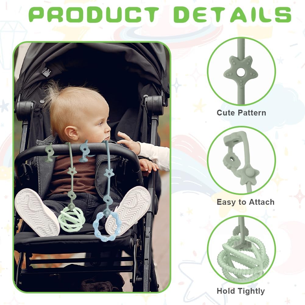 Vicloon Silicone Toy Clip, 4Pcs Toy Safety Straps, Food Grade Silicone Pacifier Clips Sippy Cup Strap, Adjustable Stroller Pacifier Strap Hanging Toys, Anti Drop Chain for 18+ Month(Blue/Green)