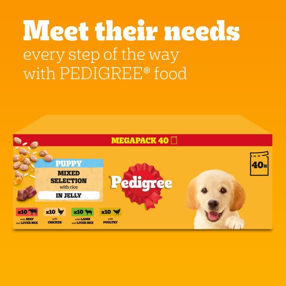 PEDIGREE Puppy Dog Food Pouches Chunks in Jelly, 40 x 100g Multipack, Four Flavours (with Beef & Liver, Chicken, Lamb & Liver and Poultry)