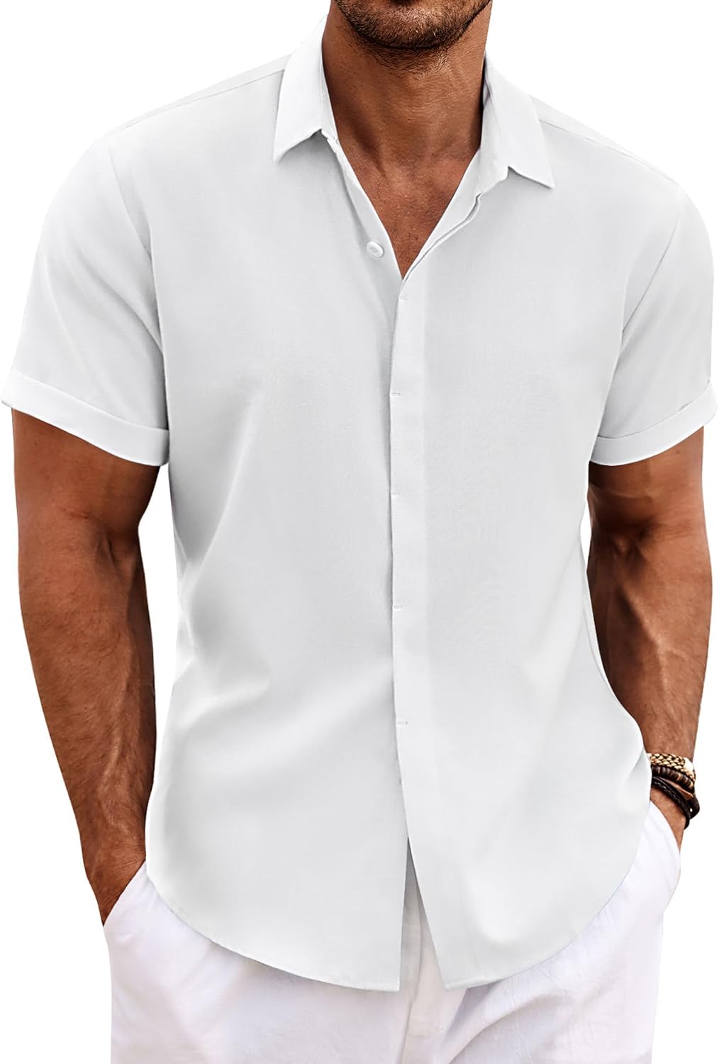 COOFANDY Mens Linen Shirts Short Sleeved Summer Regular Fit Button Down Hawaiian Holiday Tops