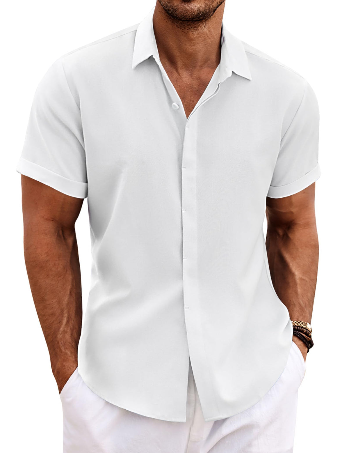 COOFANDY Mens Linen Shirts Short Sleeved Summer Regular Fit Button Down Hawaiian Holiday Tops