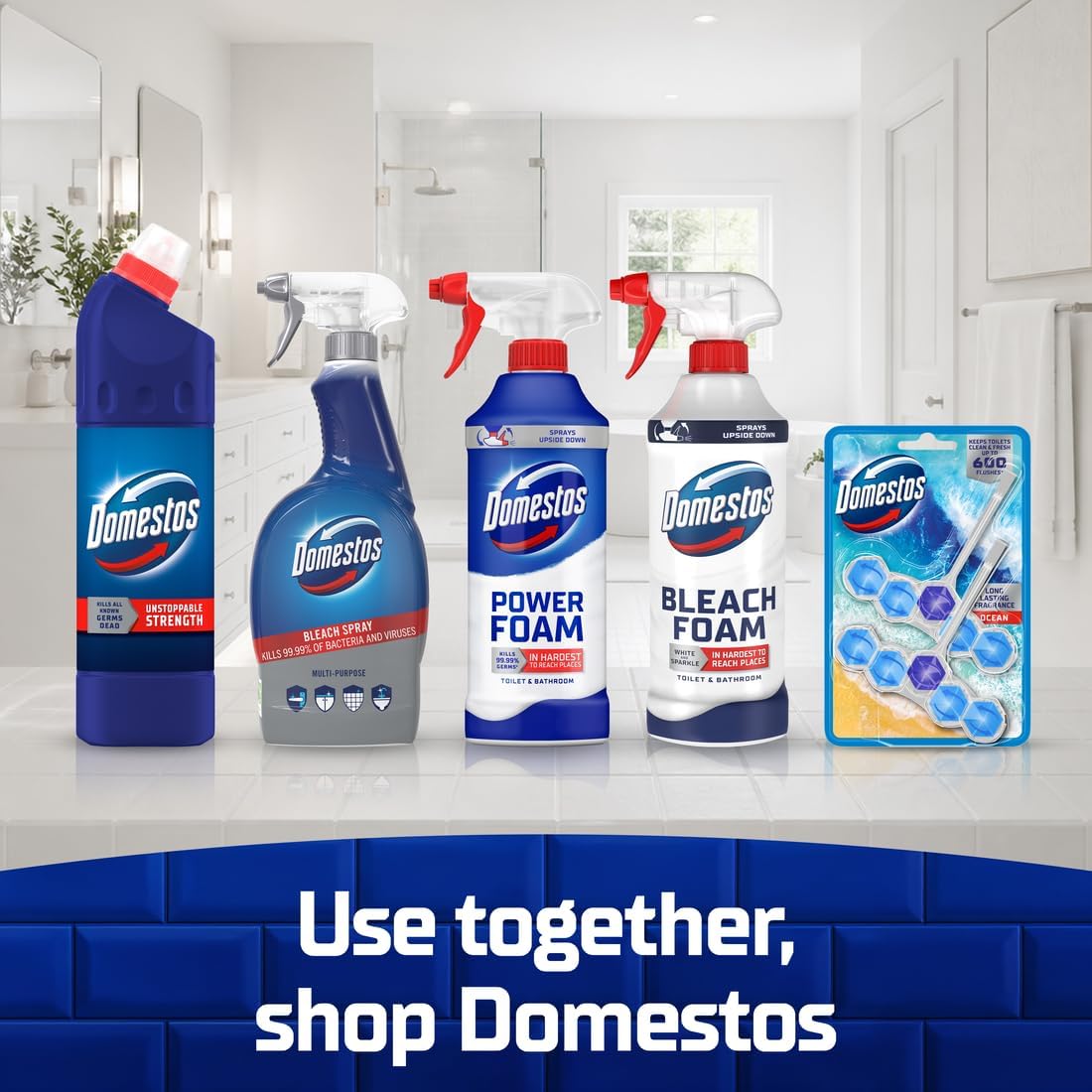 Domestos Power Foam Arctic Fresh Toilet & Bathroom Cleaner Spray sprays upside down & eliminates 99.99% of germs* for cleaning inside the toilet & around the bathroom 450 ml