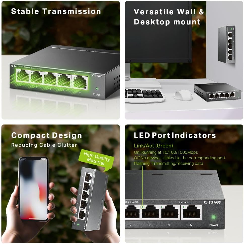 TP-Link TL-SG105S, 5 Port Gigabit Ethernet Network Switch, Ethernet Splitter, Hub, Desktop and Wall-Mounting, Sturdy Metal, Fanless, Plug and Play, Energy-Saving