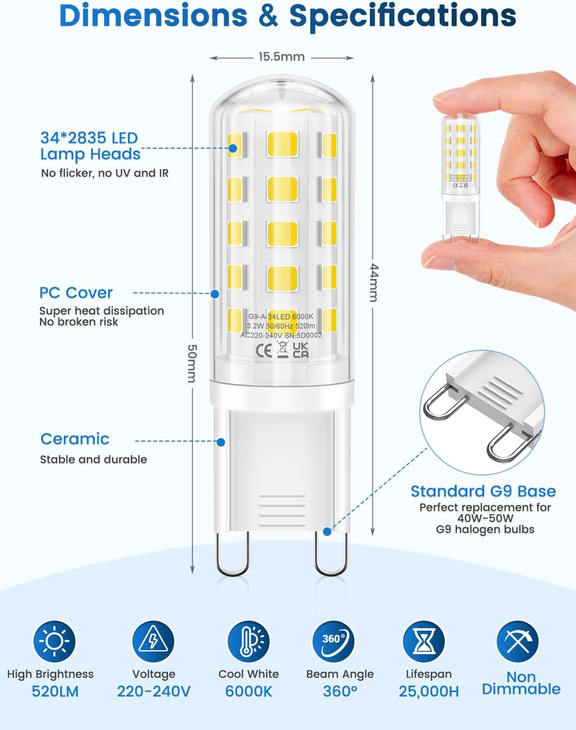 3.2W G9 Led Bulbs Cool White, Energy Class C 34 LEDs 520LM G9 Bulb, 10 Pack