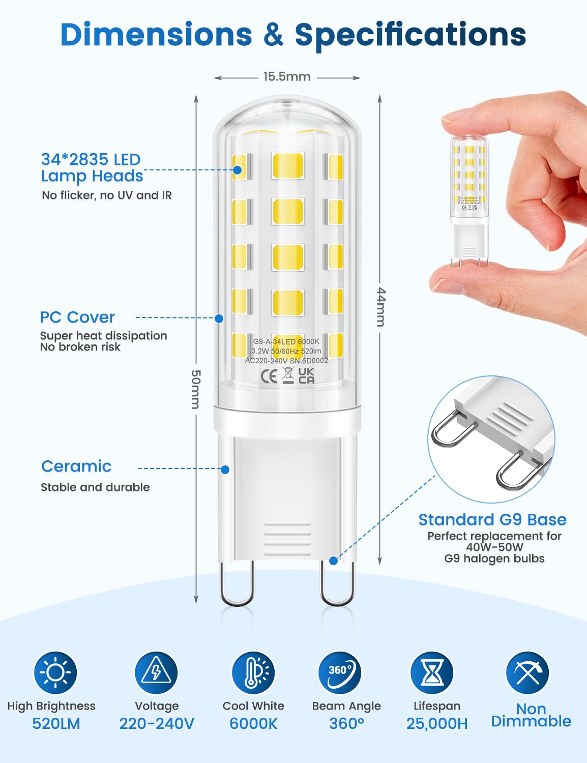 3.2W G9 Led Bulbs Cool White, Energy Class C 34 LEDs 520LM G9 Bulb, 10 Pack