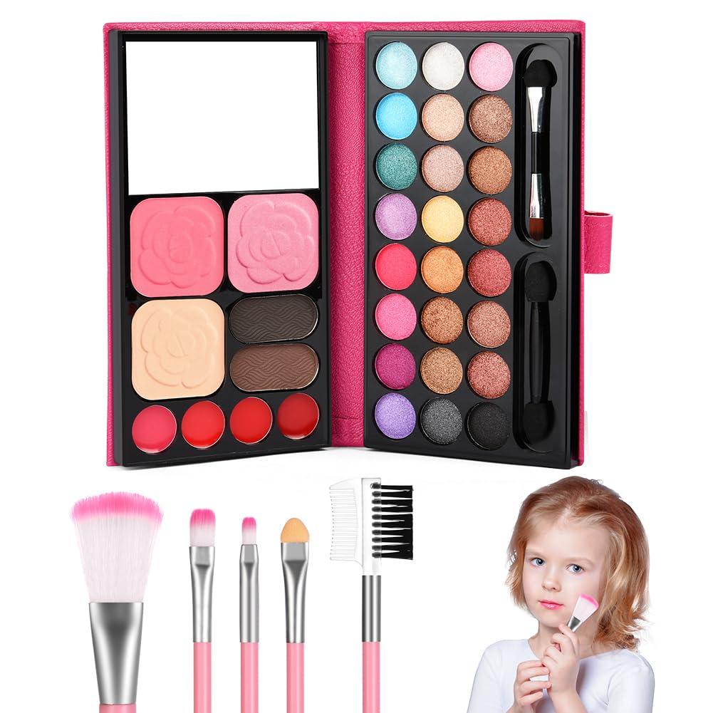 Aomig 33 Colors Kids Makeup Sets for Girls, 6 Pcs Princess Make Up Kit with 5 Brushes, Washable Children's Cosmetics Toys, Non-Toxic Makeup Kit, Cosmetic Beauty Set Gift for Kids Halloween Birthday