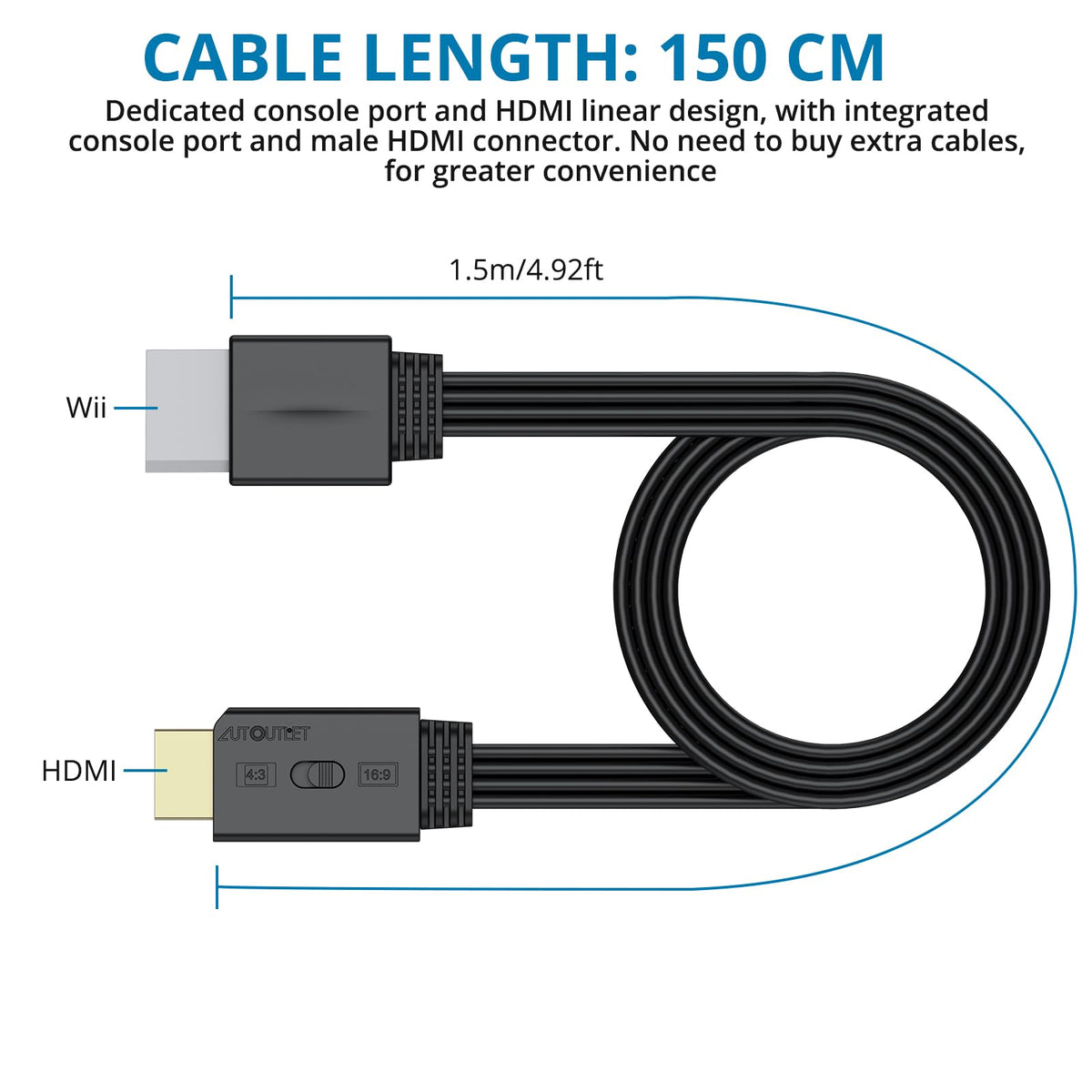 AUTOUTLET Wii to HDMI Converter 1080P 5ft/150 cm for Full HD Device, Adapter with HDMI Male Cable Output Compatible with Nintendo Wii, Wii U, HDTV, Monitor-Supports All Wii Display Modes