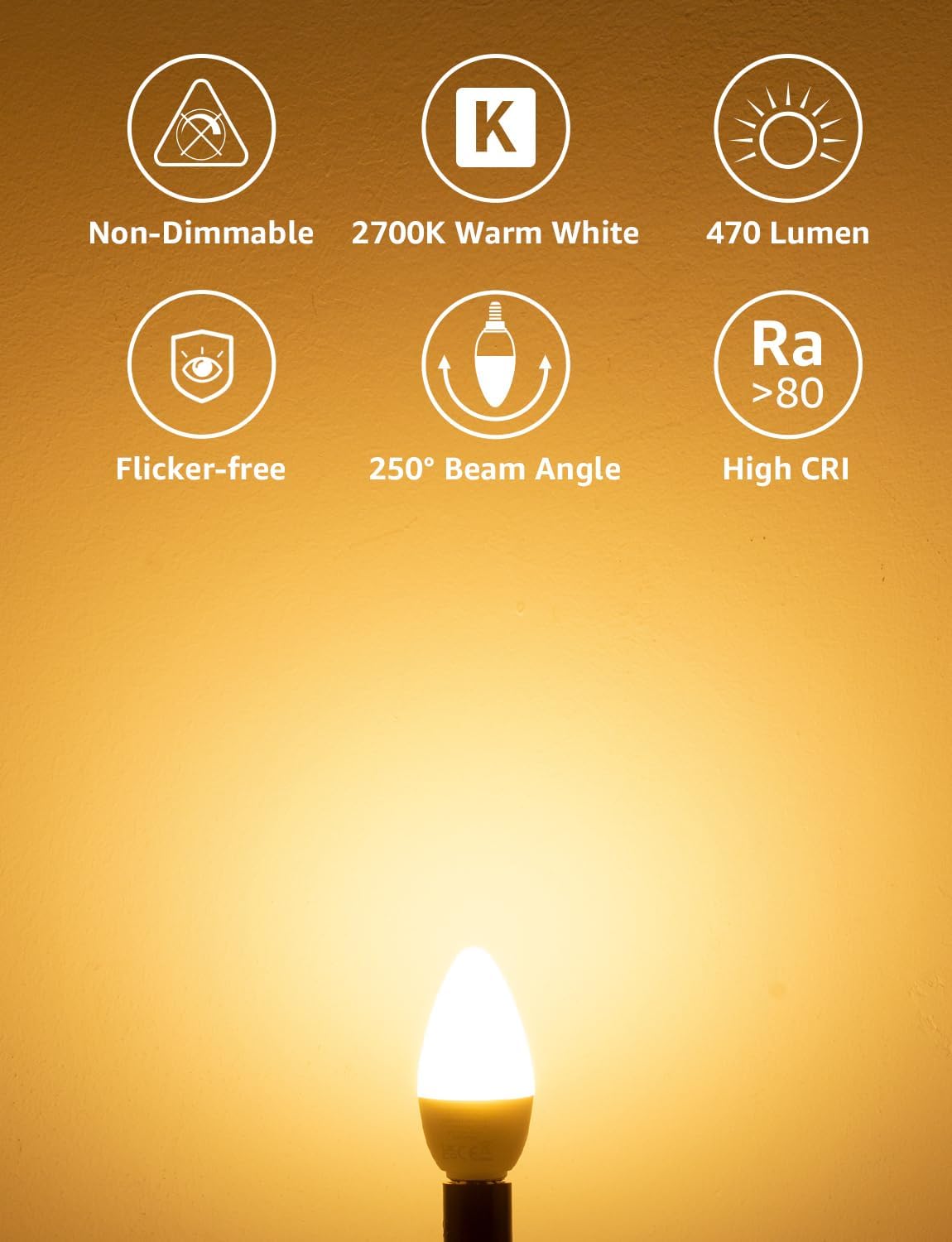 Lepro C37 E14 LED Light Bulb, Warm White 2700K, 4.2W=40W, 470LM, Pack of 6