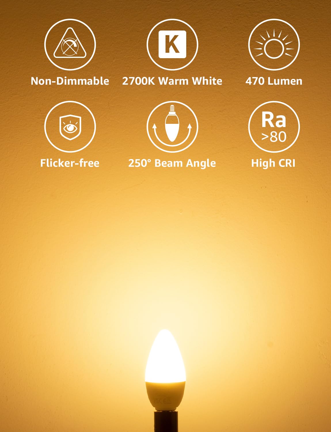 Lepro C37 E14 LED Light Bulb, Warm White 2700K, 4.2W=40W, 470LM, Pack of 6