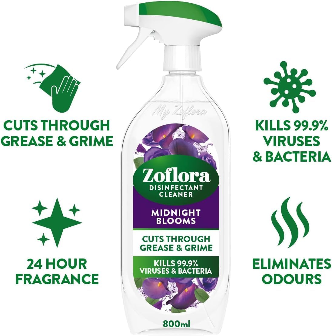 Zoflora Midnight Blooms Multipurpose Cleaner Trigger Spray Bottle, 800ml