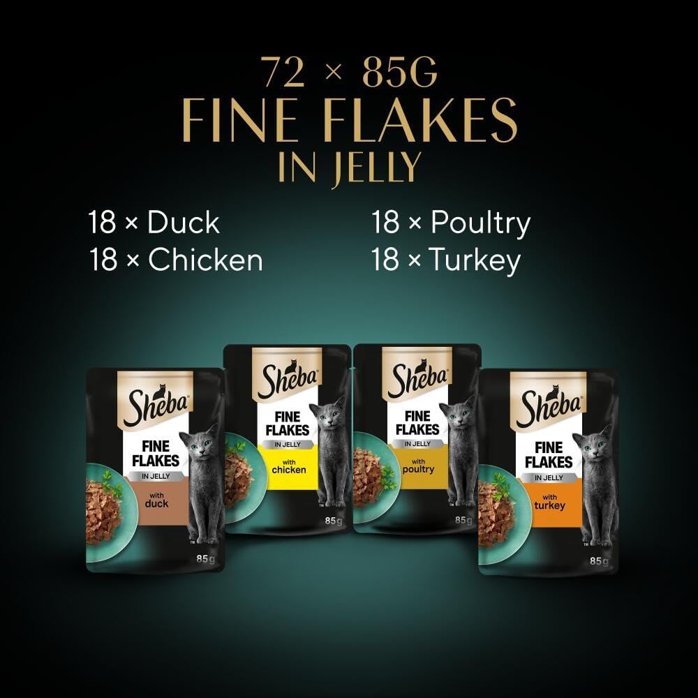 Sheba Fine Flakes in Jelly – Poultry Collection – Wet cat food pouches for adult cats – 72x85g pack