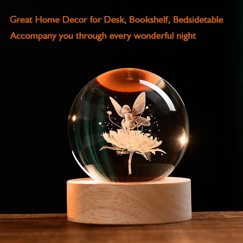 3D Fairy Crystal Ball 60mm Glass Fairy with Flower Night Light Gifts for Girl Women with Light Base