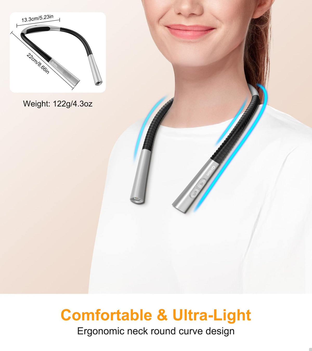 Gritin Book Light, Eye Caring 4-Color&5-Brightness Neck Light Reading Lamp