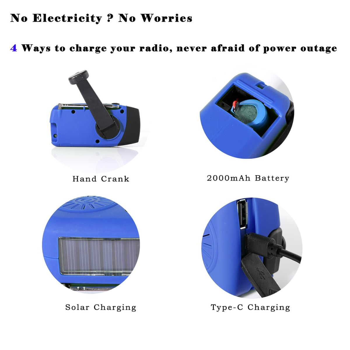 NNOOAADIO Wind Up Solar Hand Crank Radio, 2000mAh SOS Alarm for Camping