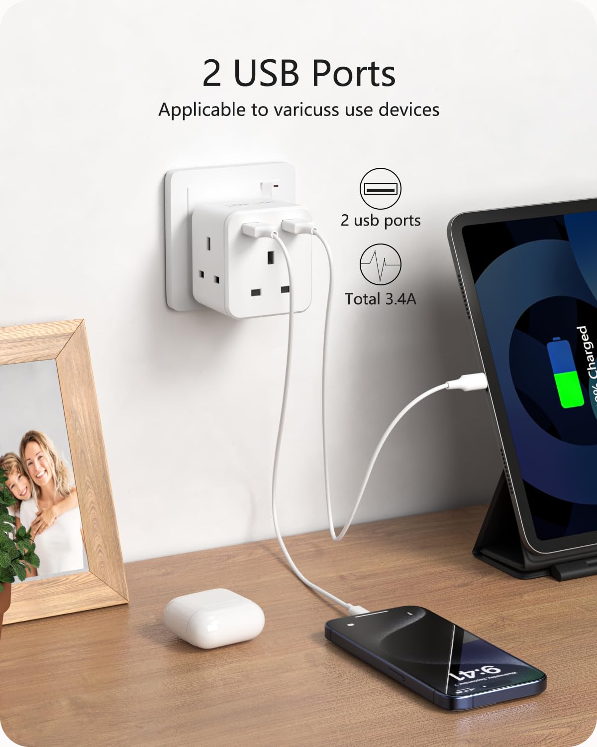 LENCENT Multi Plug Extension with 2 USB, 3 Way 3 Plugs Socket Adapter