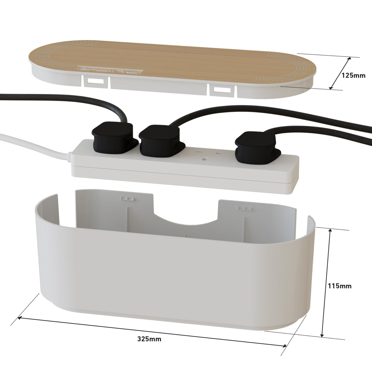 D-Line Cable Tidy Box, Hide & Conceal Extension Blocks, Desk Cable Management Solution, TV Wire Tidy, Made from Electrically Safe ABS Material - 325mm (L) x 125mm (W) 115mm (H) - Small, White