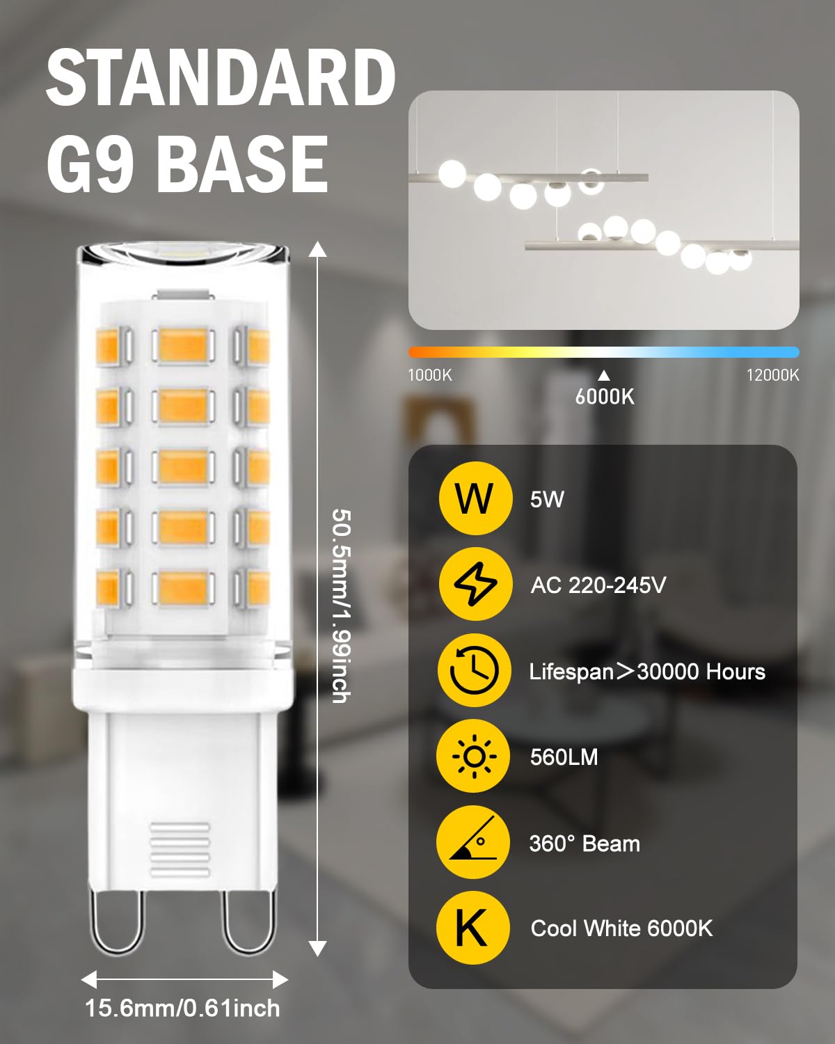 tuare G9 LED Bulbs Dimmable, 3000K G9 LED Bulbs Warm White Dimmable, 5W 560LM G9 LED, Energy Saving G9 LED Bulb Equivalent to 40W Halogen Bulb, No Flicker AC 220-240V for Chandelier, 6 Counts