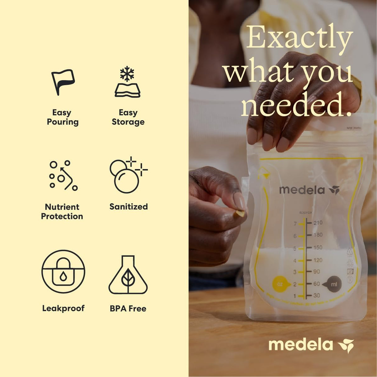 Medela Easy Pour Disposable Breastmilk Storage Bags, 210 ml Capacity, Leakproof Design with Milk Protection, Made Without BPA, Pack of 50