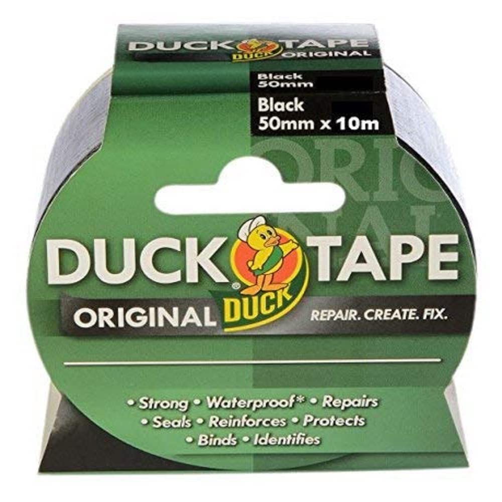 Duck Tape Original Black, 50mm x 25m. The original high strength waterproof gaffer and duct adhesive cloth repair tape