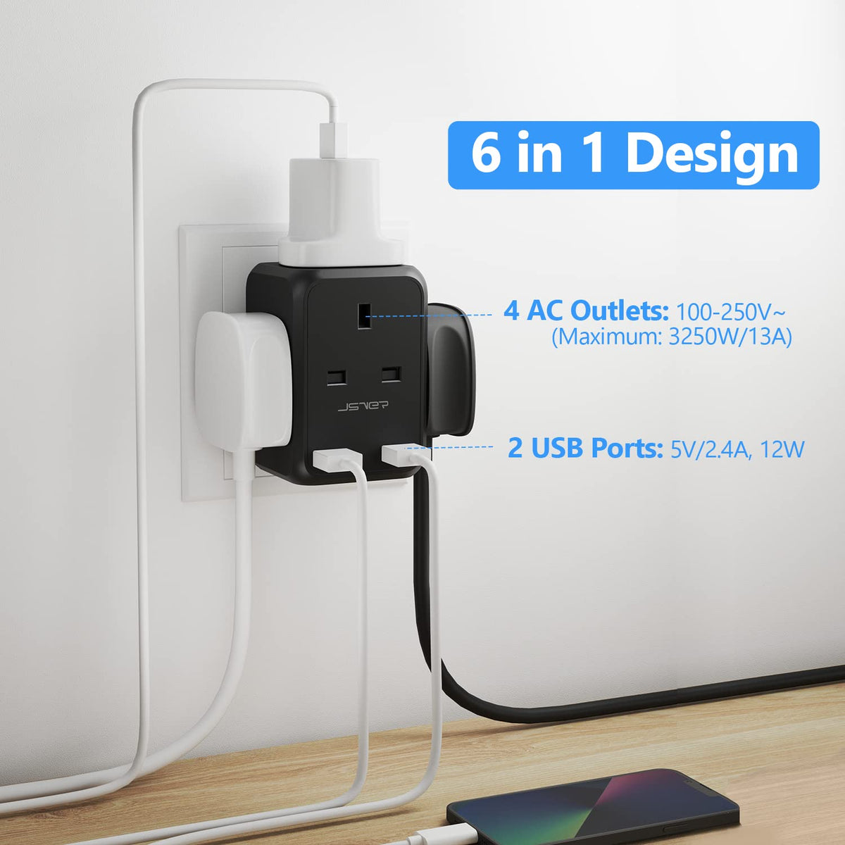 Double Plug Adaptor with 2 USB, JSVER Mini 2 Way Plugs Extension Sockets with USB Ports(5V/2.4A) Wall Charger Adapter, 13A UK 3 Pin Power Socket for Home, Office, Kitchen,White