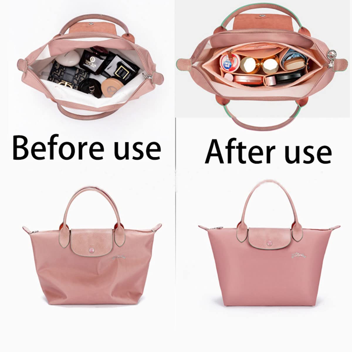 Lckaey tote bag organizer insert for Longchamp le pliage large tote insert felt purse zipper bag organizer 1028pink-S