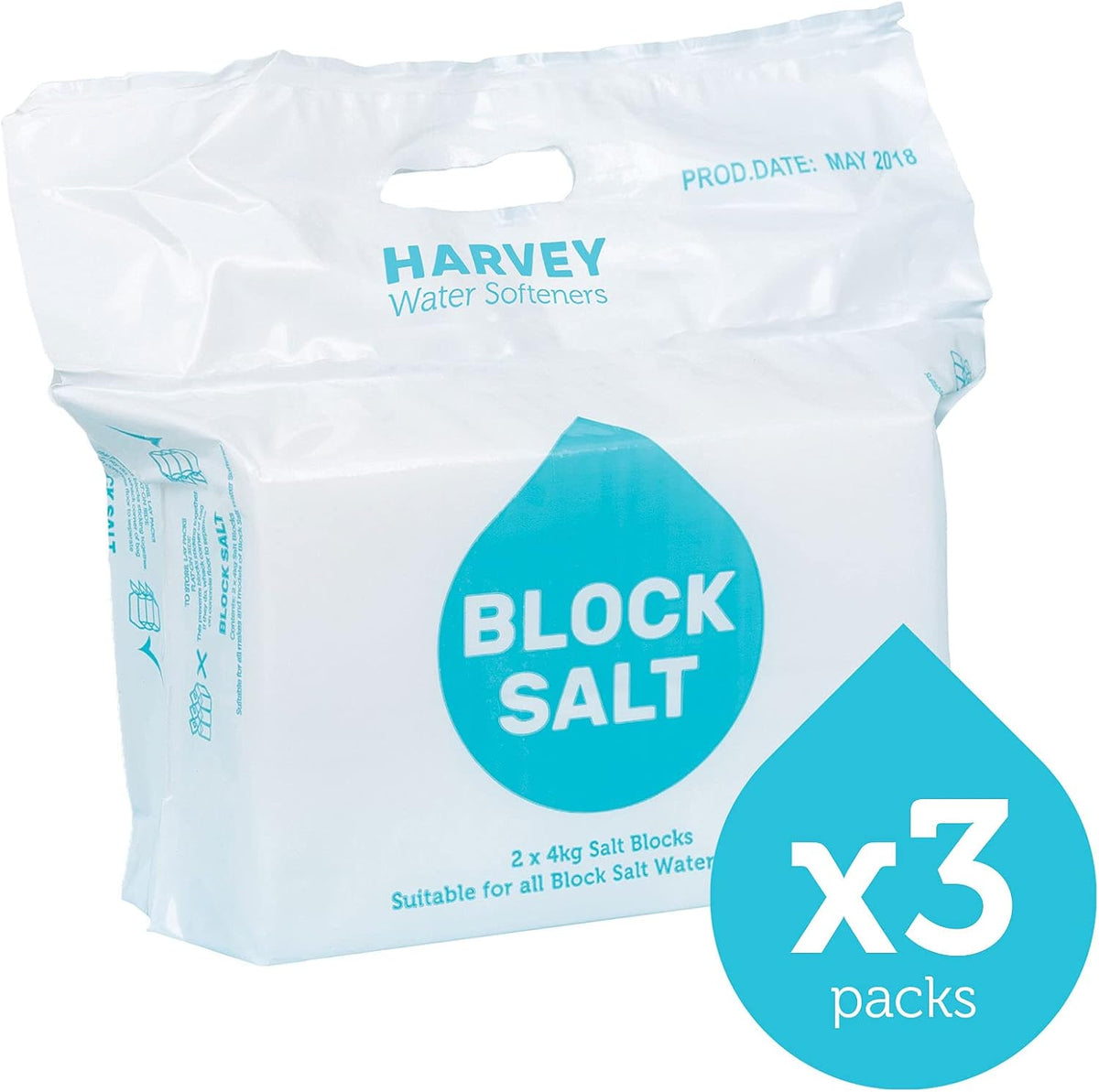 Harvey Block Salt for Water Softeners | Original Pure Grade A Food Quality Salt | 3 Bags, Securely Boxed | Each Bag Contains 2 Blocks | Efficient Softening Solution
